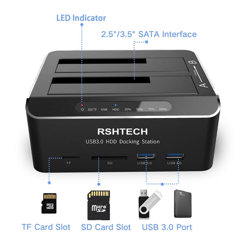 Rshtech Hard Drive Docking Station RSHTECH USB 3.0 Aluminum Dual Bay Hard Drive Dock for 2.5" & 3.5" SATA HDD SSD with SD/Micro SD Card Reader and Offline Clone/Duplicator Function Support 16TB Tool-Free - Image 5